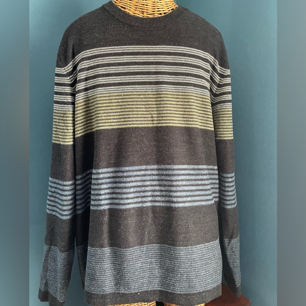 Roots Men’s Striped Cotton Crew Neck Sweater Size Large Grey Blue